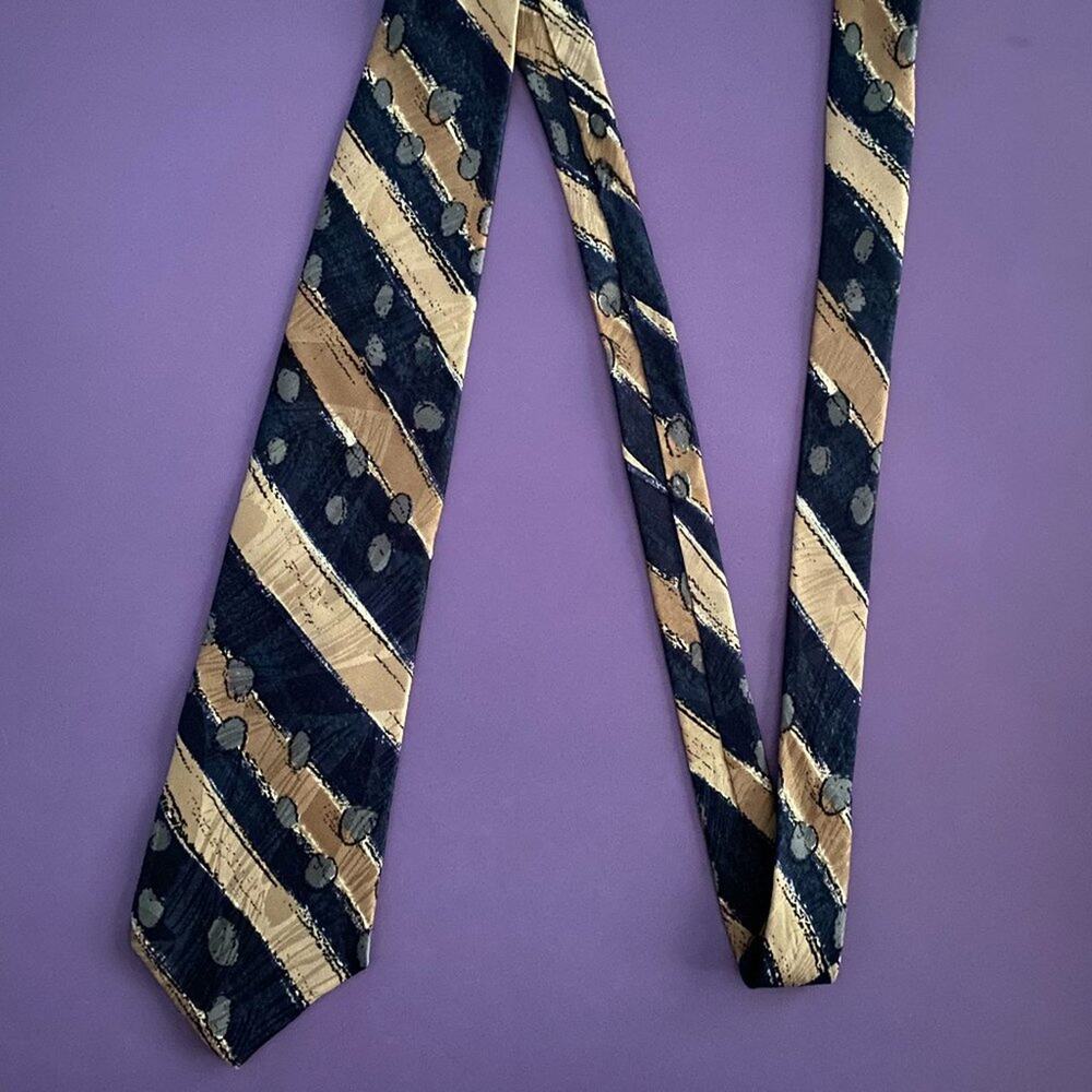 ZYLOS GEORGE MACHADO Men's 100% Italian Silk Neck Tie Navy Tan Artsy Print
